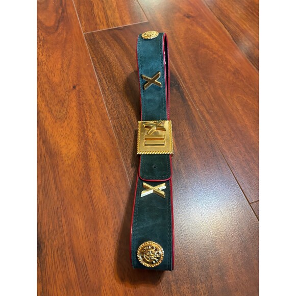 Escada Belt Green Suede with Red edging,  Gold Buckle and Gold Roman Numerals - Picture 7 of 10
